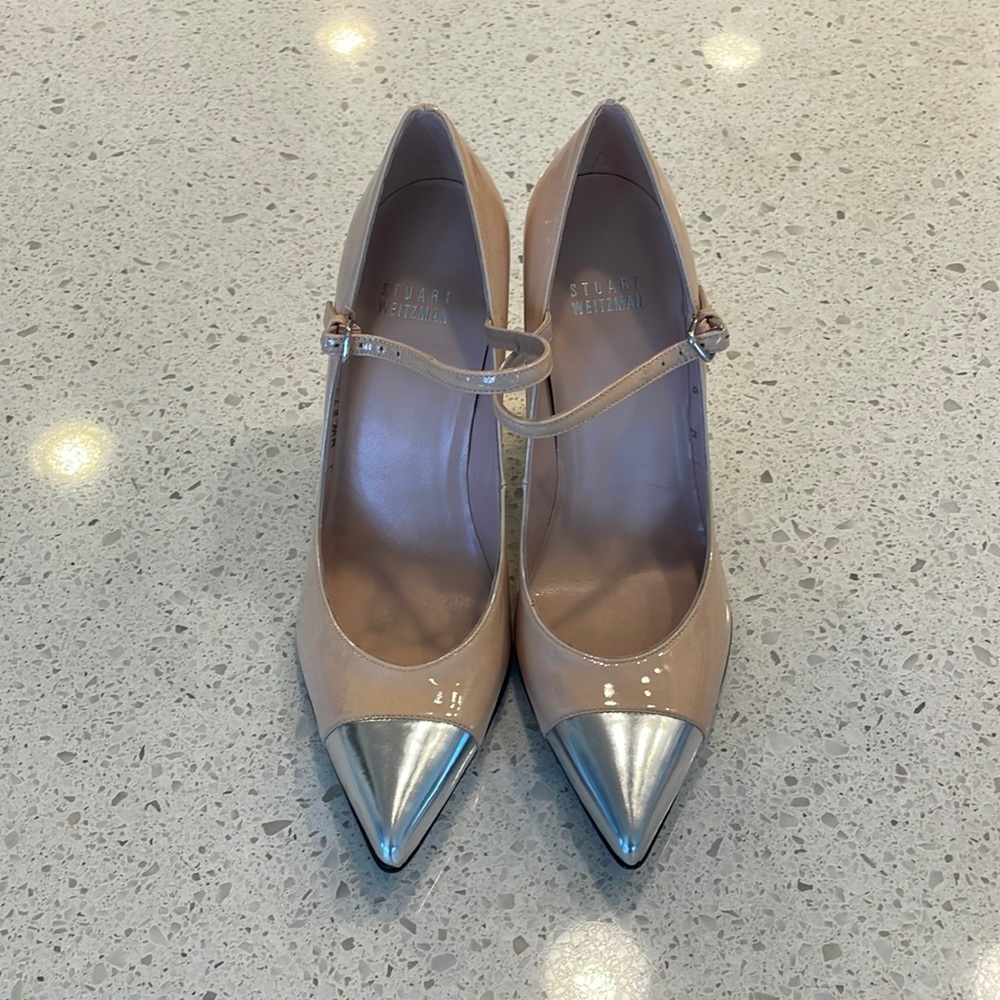 NEW / NEVER WORN Stuart Weitzman Pink Block Heel Pump with Silver Pointed Toe